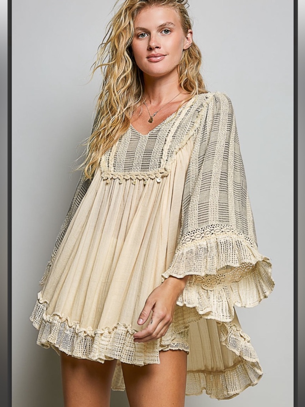POL Cream Boho Crochet-Trim Peasant Tunic